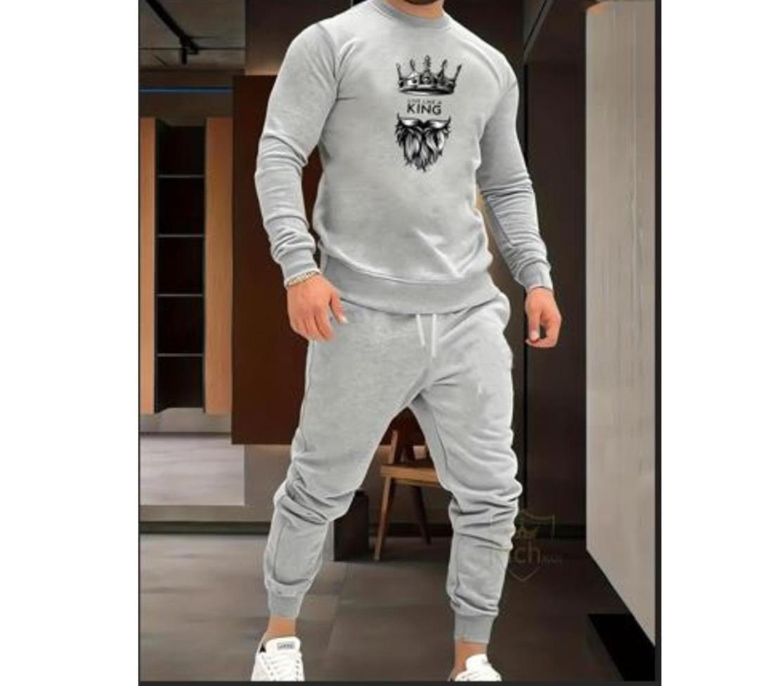 Men's Fleece Printed Sweatshirt Track Suit -2 PCS in Grey