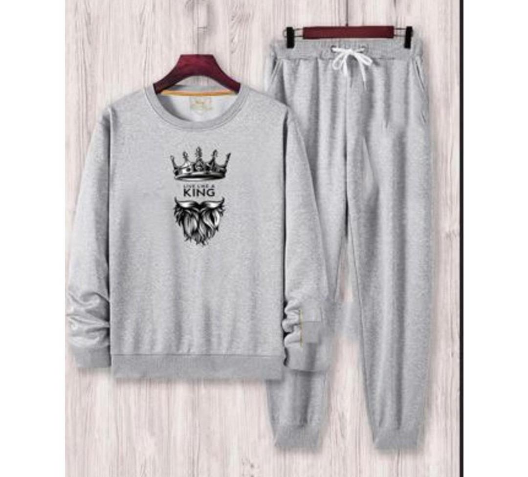 Men's Fleece Printed Sweatshirt Track Suit -2 PCS in Grey