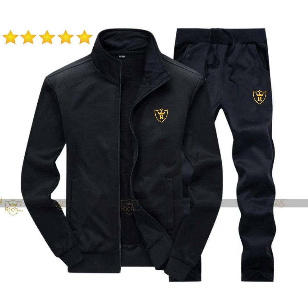 Men's Fleece Track Suit - 2Pcs - Black -Plain Collar Desigine