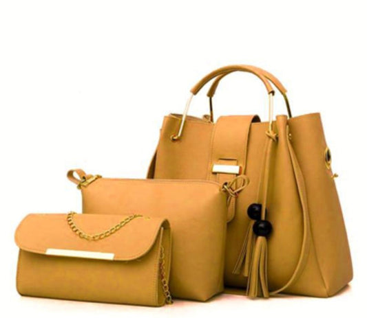 3 Pcs Women's Pu Leather Plain Handbag